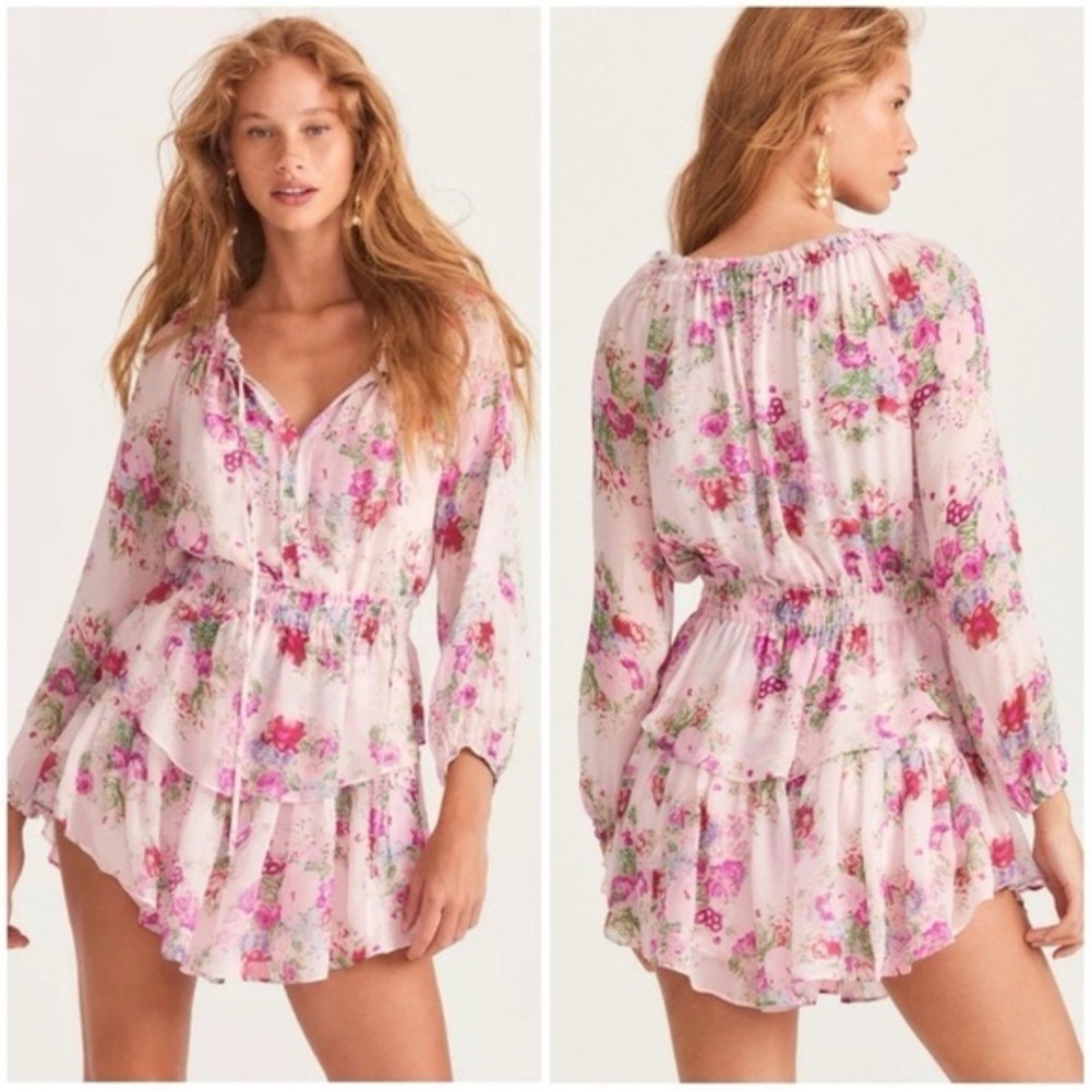 LoveShackFancy 100% Silk Floral Popover Mini Dress in pink ivy Medium